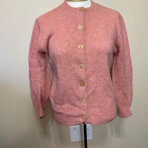 VTG Corliss 100% Shetland Wool Button Up Cardigan Sweater Pink Heathered Women S